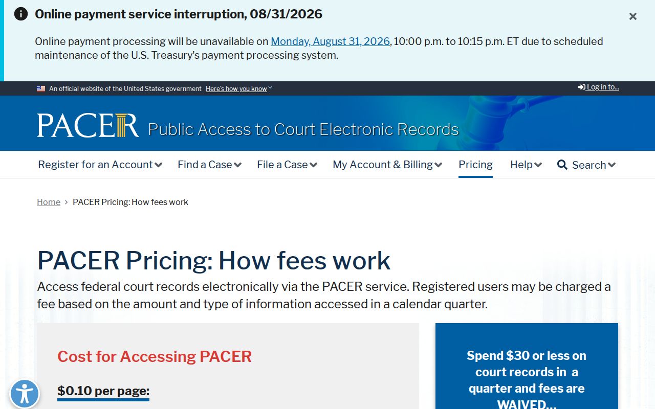 Pickaway County docket search source showing the PACER federal case access page