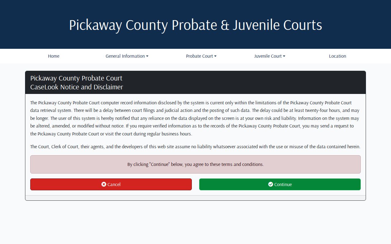 Pickaway County docket search source showing CaseLook disclaimer