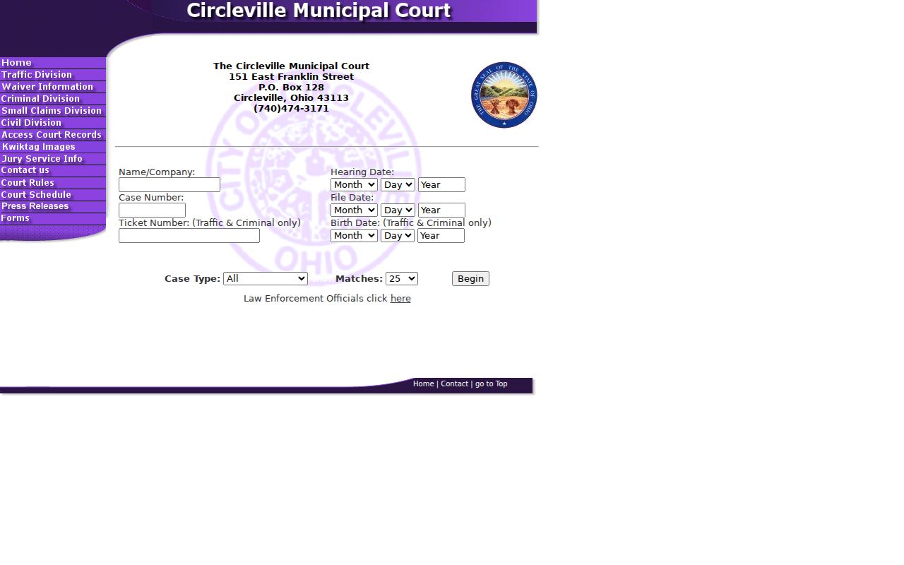Pickaway County docket search source showing Circleville Municipal Court Record Search