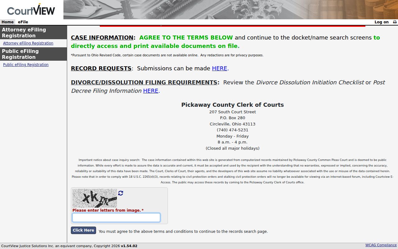 Pickaway County docket search source showing CourtView eServices gateway