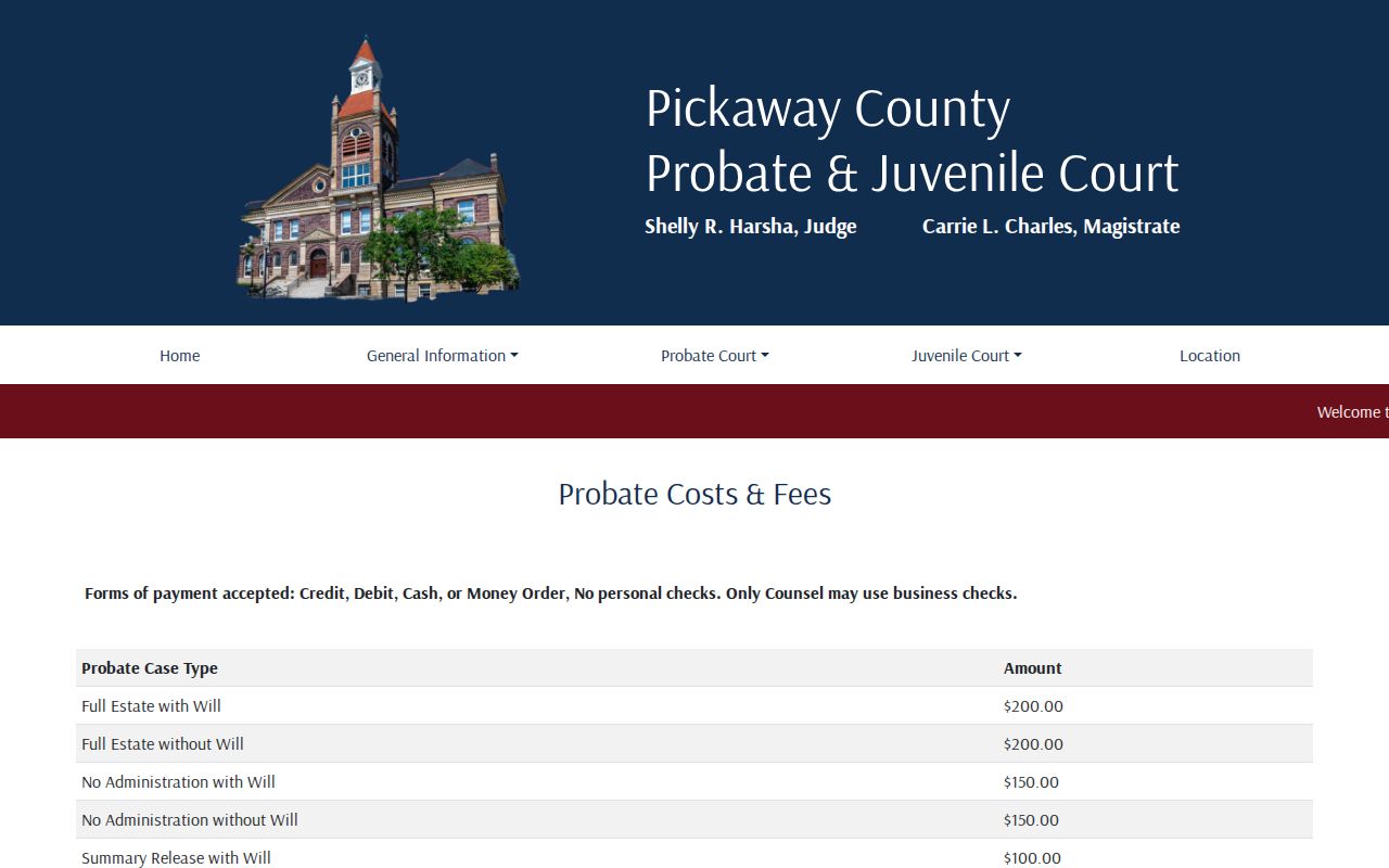Pickaway County docket search source showing Probate record costs and fees