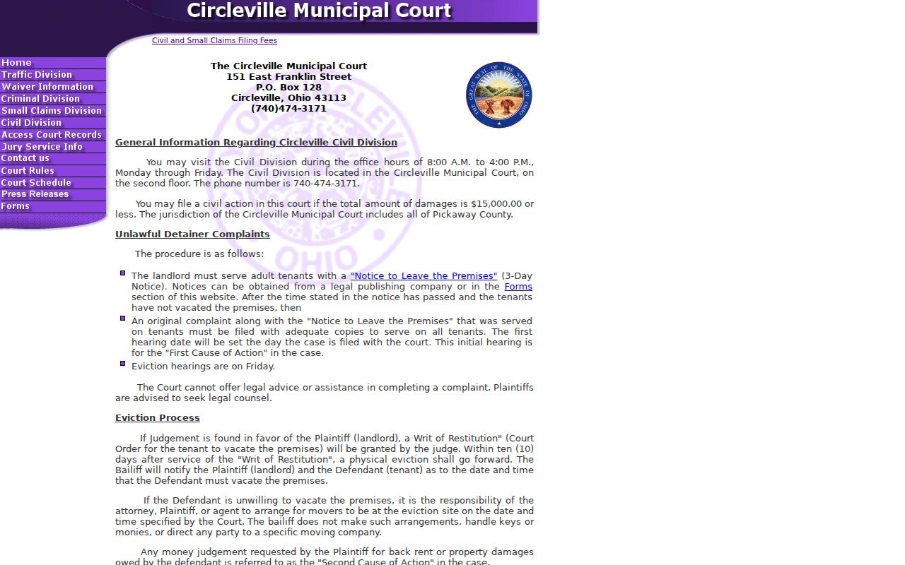 Pickaway County civil court docket Circleville Municipal Civil Division jurisdiction