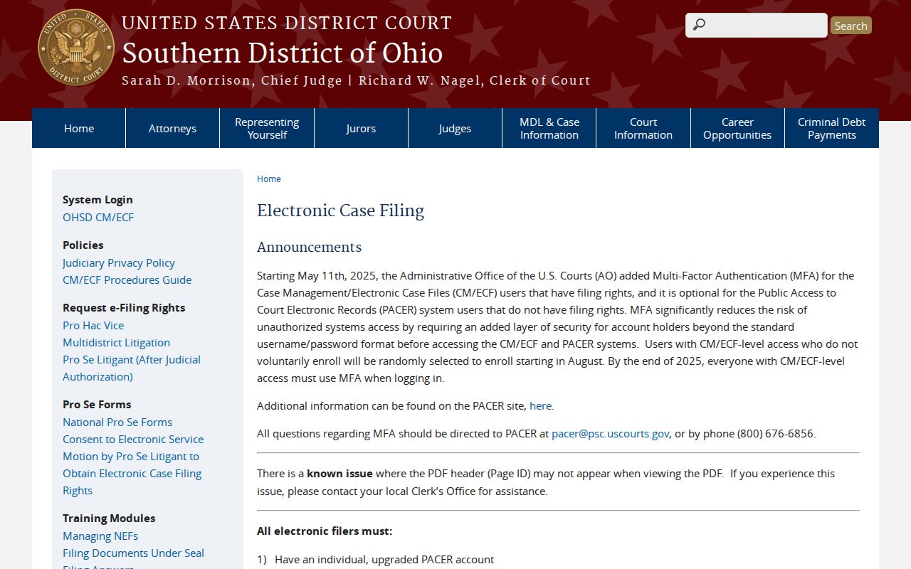 Pickaway County civil court docket federal electronic case filing distinction