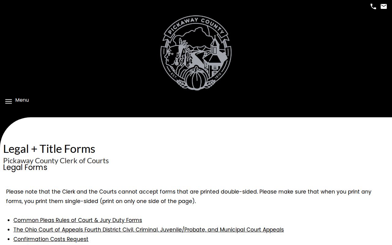 Pickaway County civil court docket Clerk forms and records access information