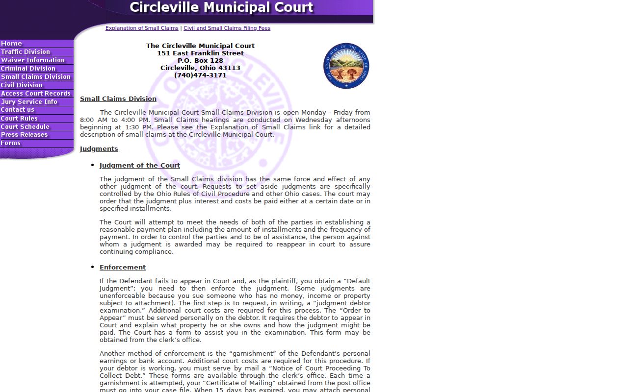 Pickaway County civil court docket Circleville small claims hearing schedule
