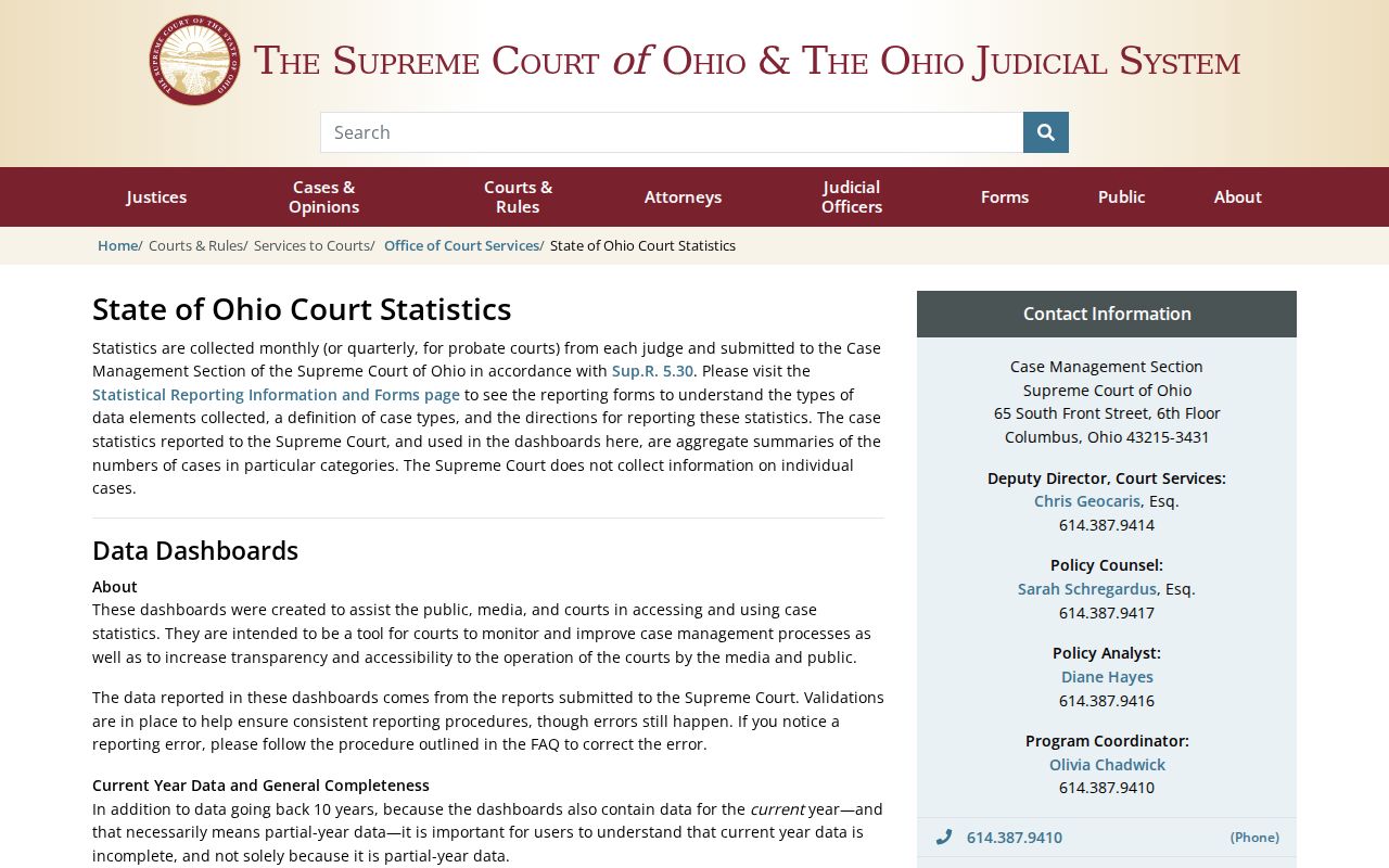 Pickaway County court schedule source showing Ohio court statistics dashboard