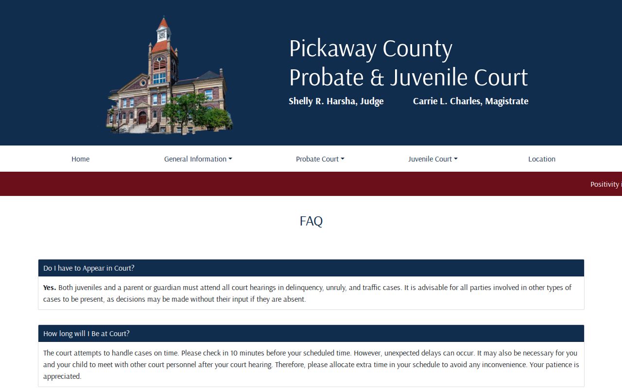 Pickaway County court schedule source showing Juvenile Court hearing guidance