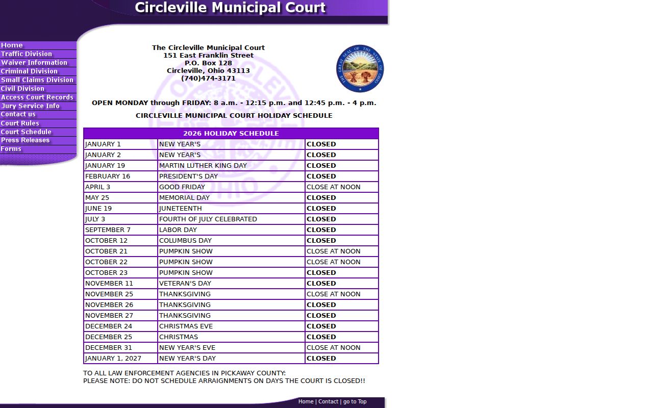 Pickaway County court schedule source showing Circleville Municipal Court hours and holidays