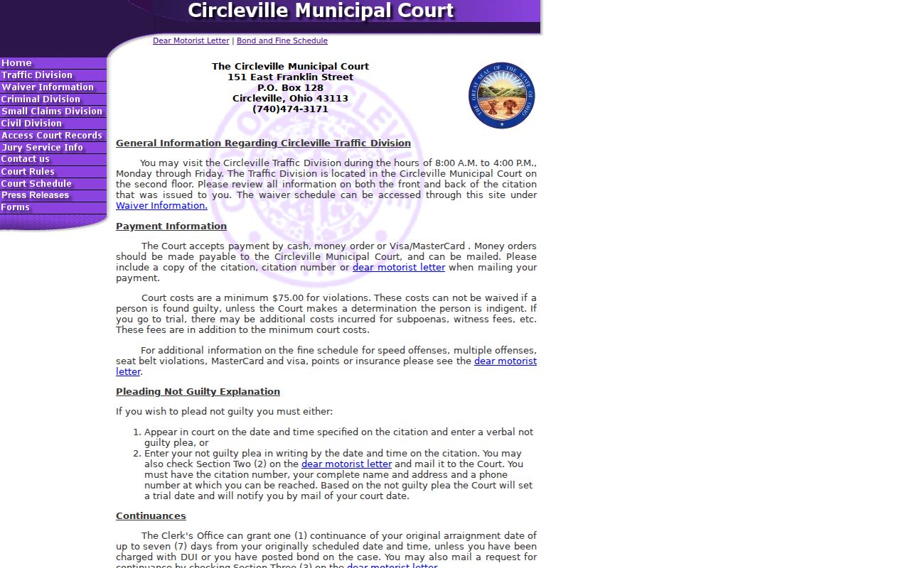 Pickaway County court schedule source showing Circleville traffic division guidance