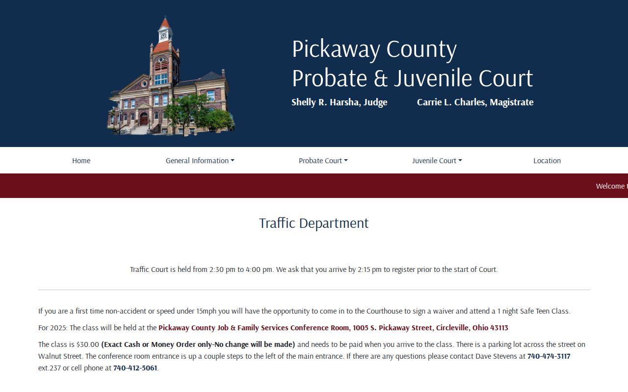 Pickaway County court schedule source showing Juvenile Traffic Department information