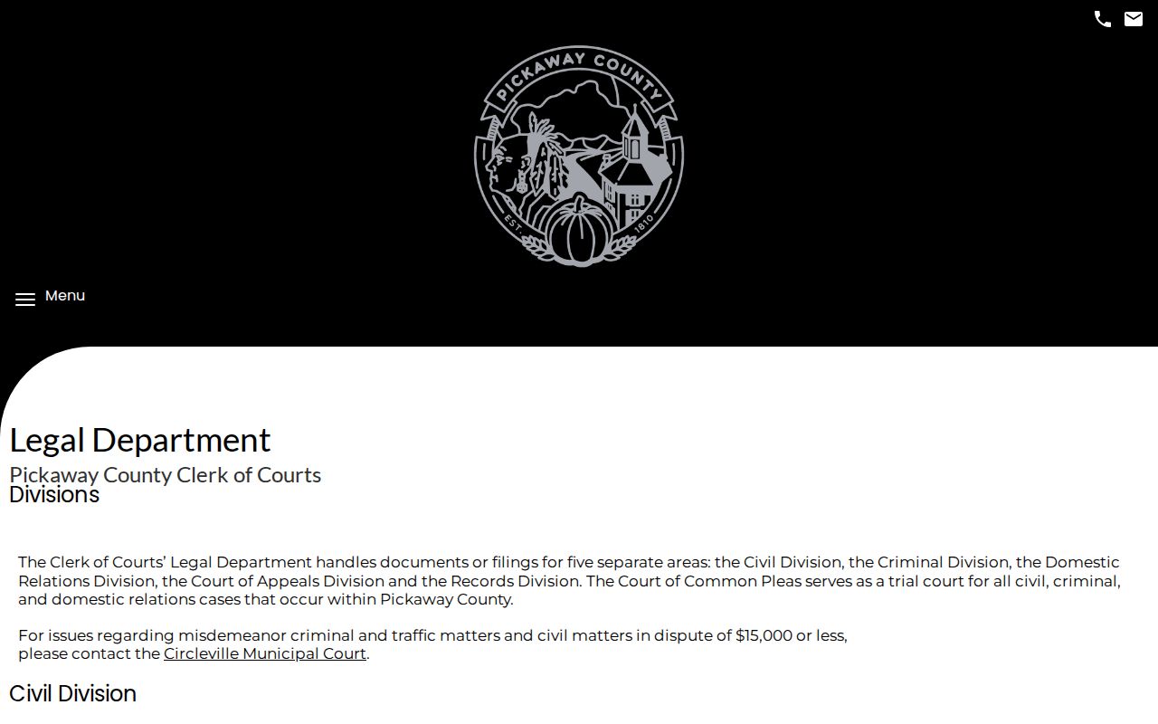 Pickaway County criminal court docket Clerk Legal Department information