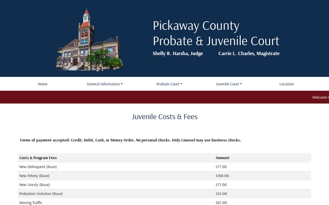 Pickaway County traffic court juvenile cost schedule
