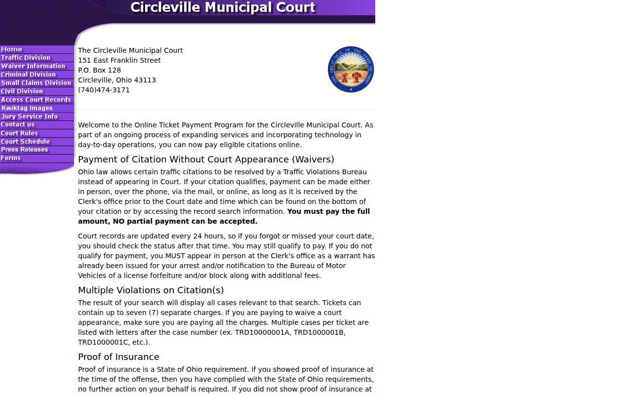 Pickaway County traffic court citation payment interface