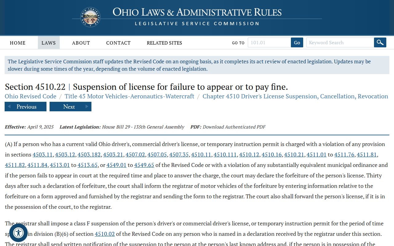 Pickaway County traffic court failure to appear statute