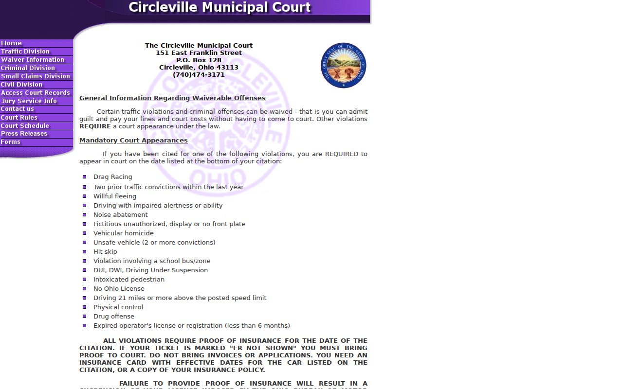Pickaway County traffic court waiver information